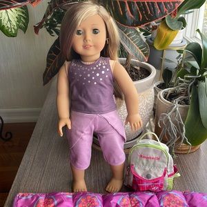 American Girl 18” Doll dressed in summer outfit, backpack and a sleeping bag set